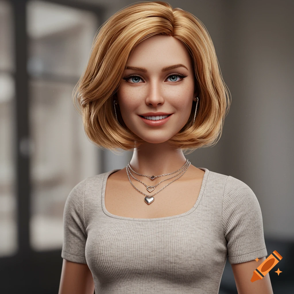 Realistic 3D render of a woman with short blonde hair, blue eyes, and layered necklaces, smiling.