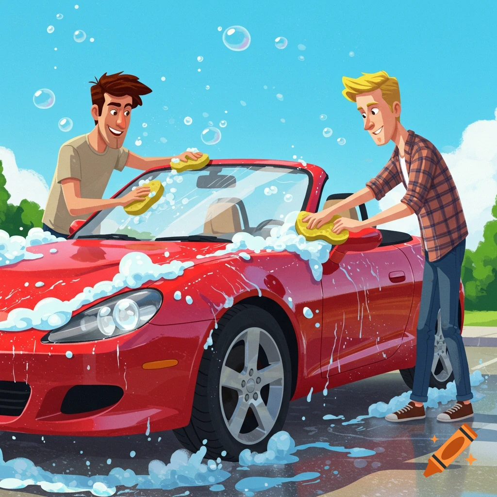 Two animated men happily wash a red convertible car with sponges and soap bubbles.