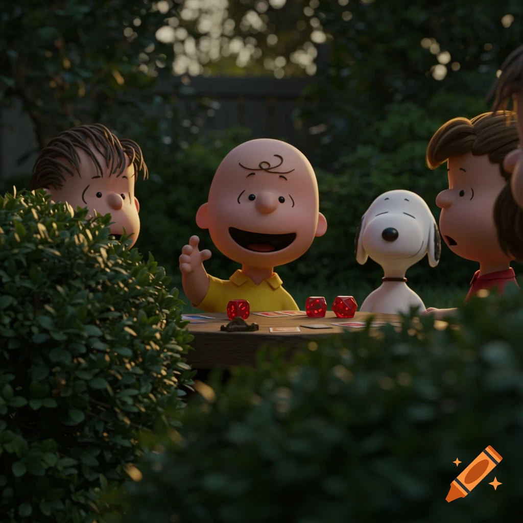 Charlie Brown, Snoopy, and friends play a game with dice and cards in a garden, 3D animation style.