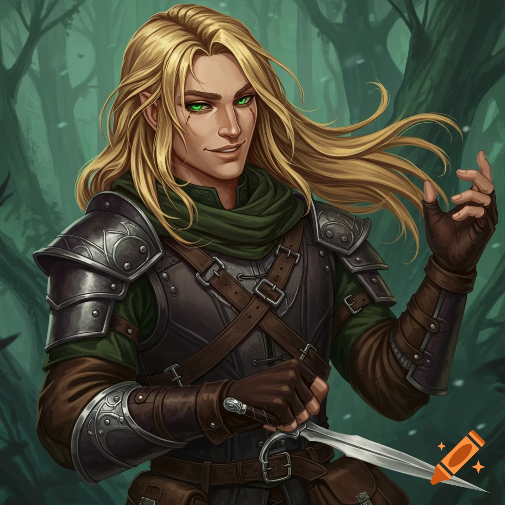 A blonde elf in fantasy armor holds a dagger in a forest.