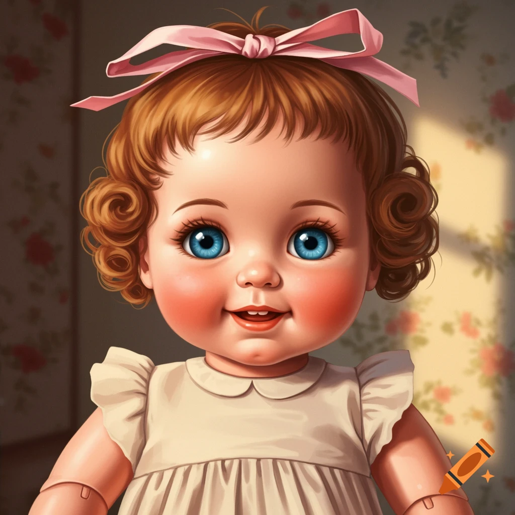 Illustration of a vintage-style baby doll with a pink bow.