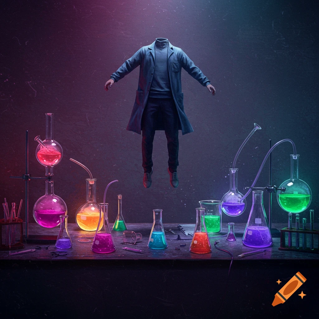 A headless person in a lab coat floats over a table of colorful chemicals and lab equipment.