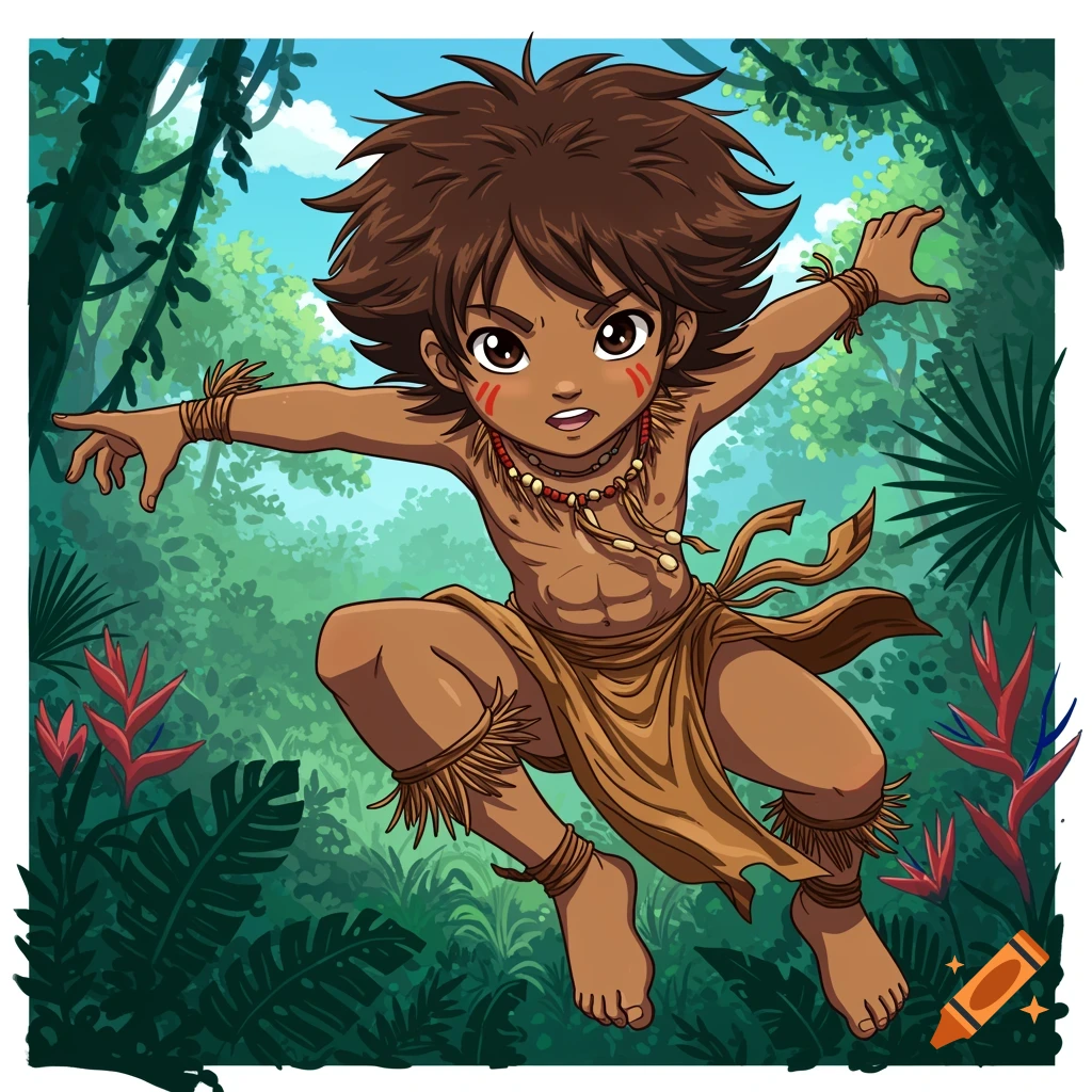 Anime illustration of a young Taino boy in a loincloth jumping through a jungle.