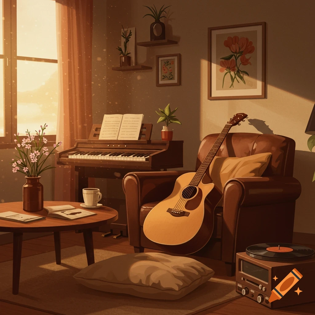 Cozy room with piano, guitar, armchair in warm golden hour light, Japanese illustration style.