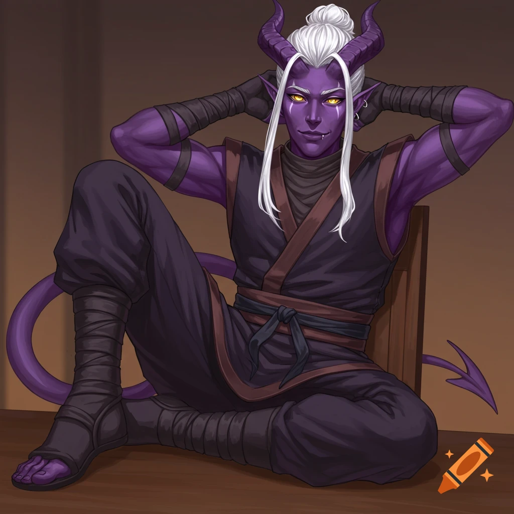 Illustration of a purple-skinned tiefling in ninja gear, sitting cross-legged.