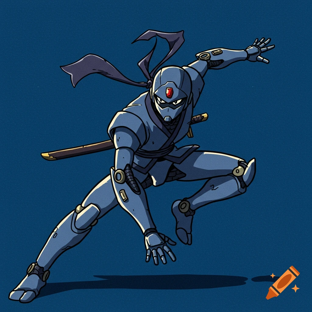 A metallic ninja robot in a dynamic pose, drawn in a retro anime style with crisp lines and cel-shading.