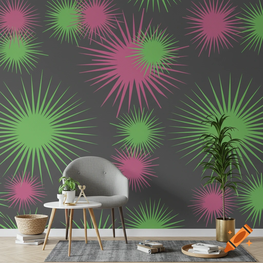 A room featuring dark gray wallpaper with a repeating pattern of green and pink atomic starbursts. A gray chair, small table, and plant are in the foreground.