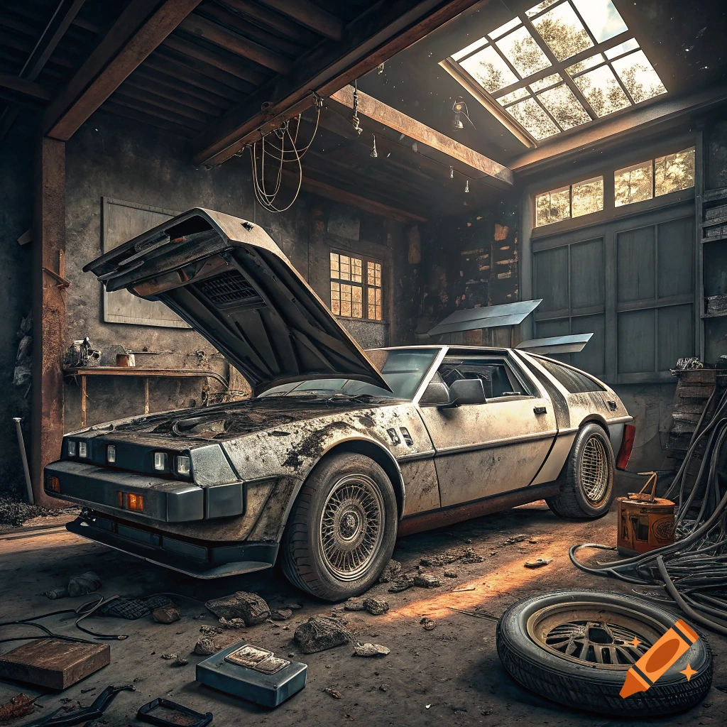 A damaged DeLorean time machine sits in a cluttered, derelict garage with its hood open.