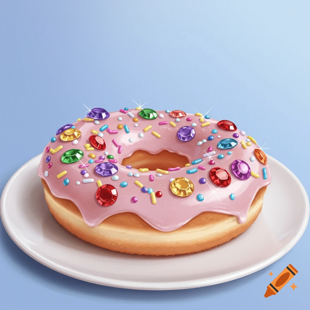 A pink iced donut with multicolor sprinkles and jewels on a white plate.