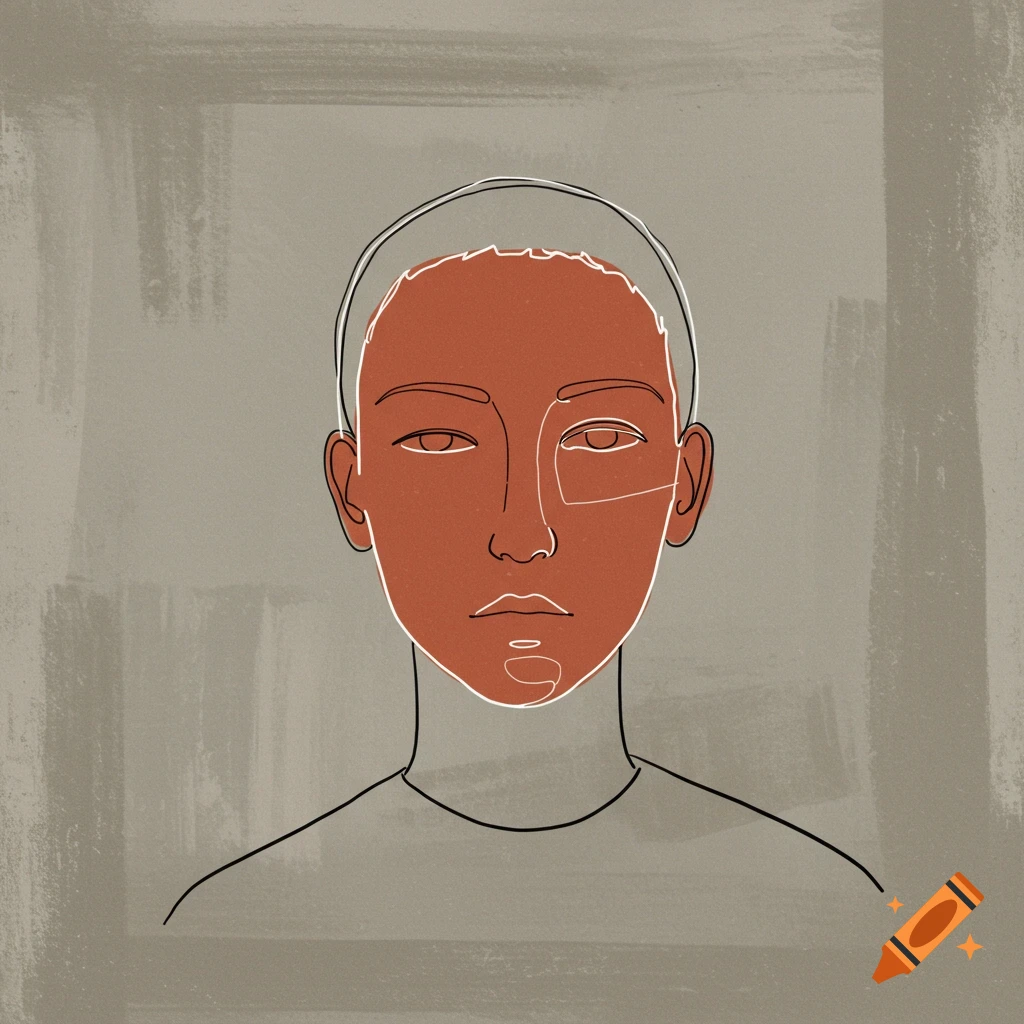 Stylized line art portrait with an orange-red face shape and white lines on a textured gray background.