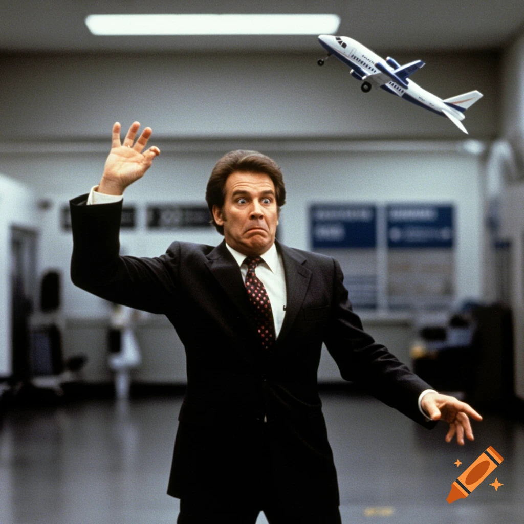 Movie still of a man in a suit with a scared expression throwing a small airplane in an airport setting.