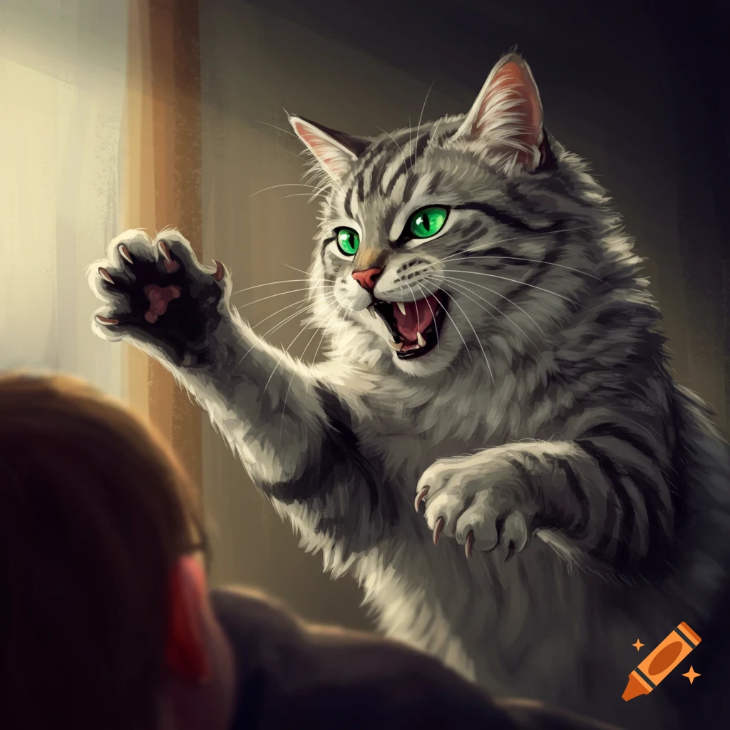 An aggressive grey tabby cat with green eyes swiping at a person.