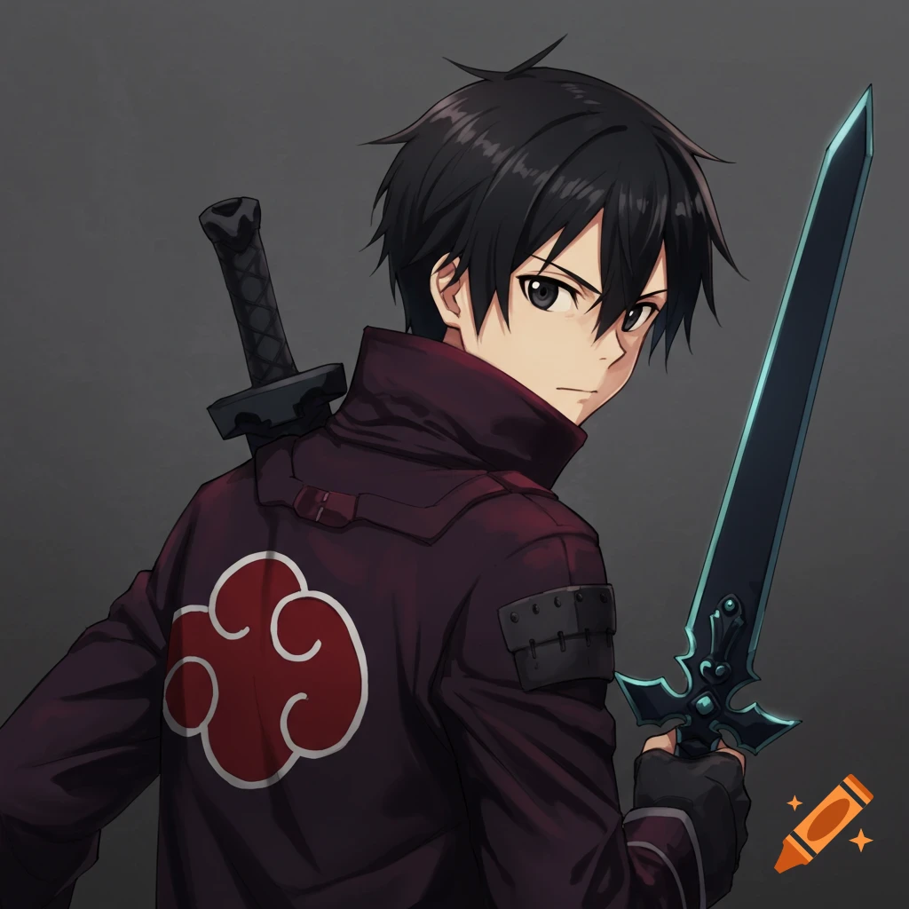 An anime character resembling Kirito wearing a dark jacket with a red cloud symbol and holding a sword.