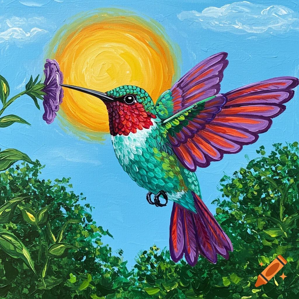Acrylic painting of a hummingbird near a purple flower with the sun behind it