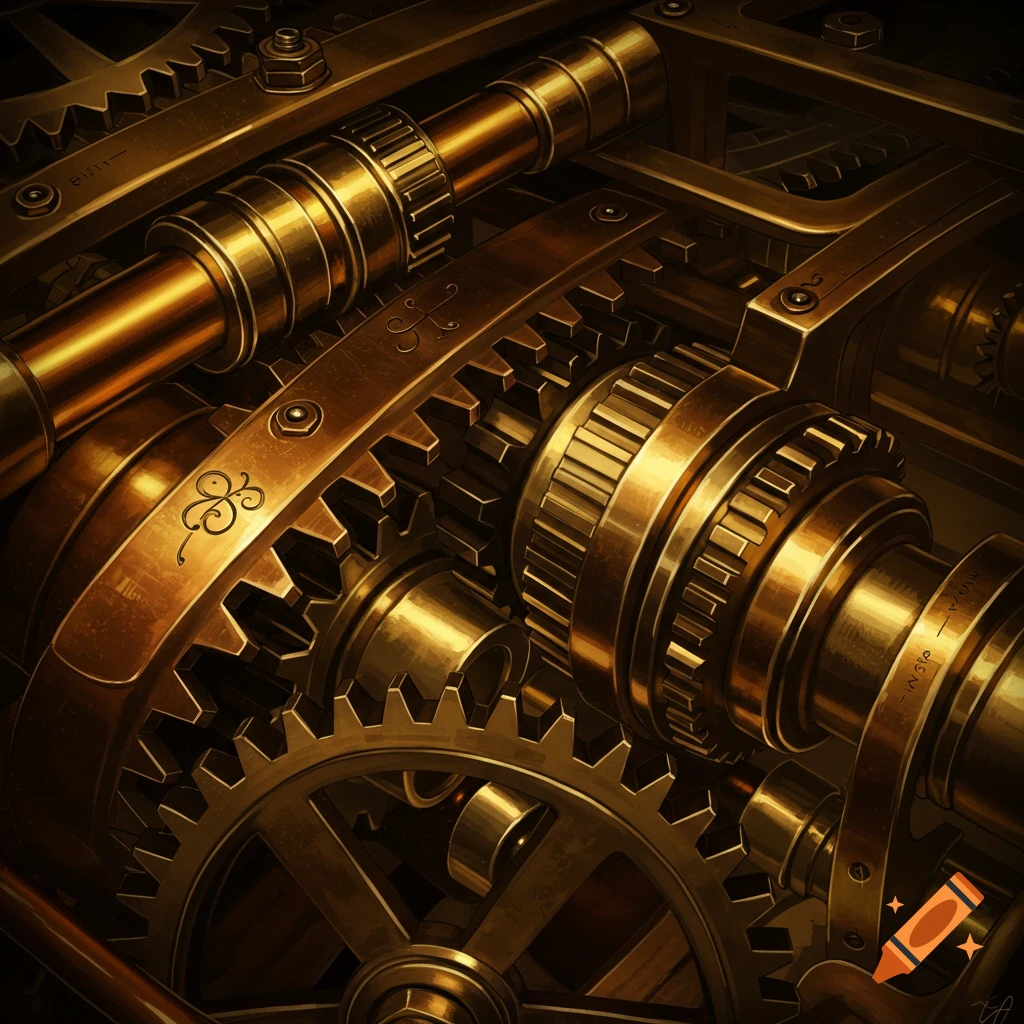 Close-up of intricate golden gears and mechanical components.