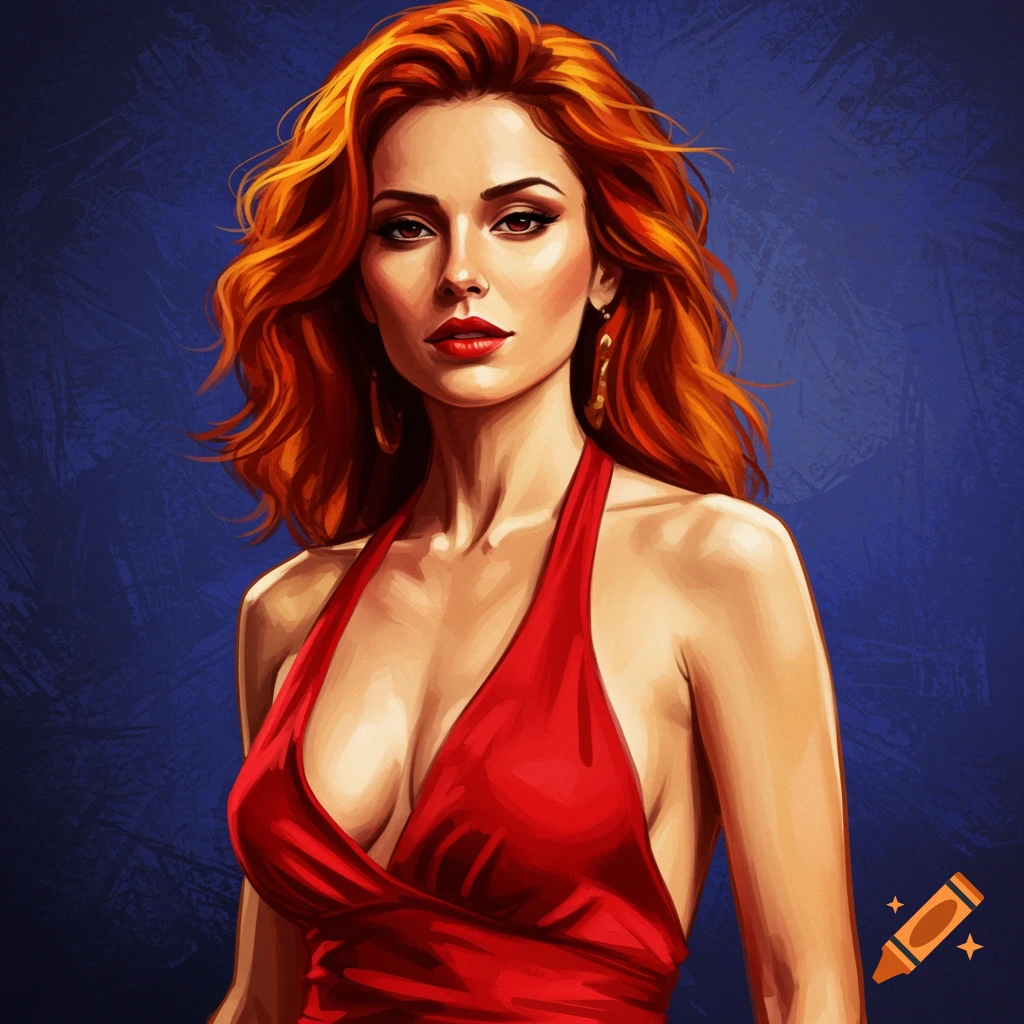 A woman with red hair is in a red dress.