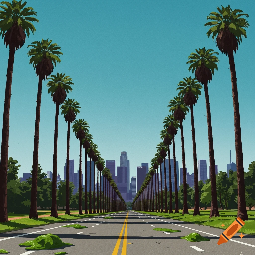 A road lined with palm trees leads to a city skyline.