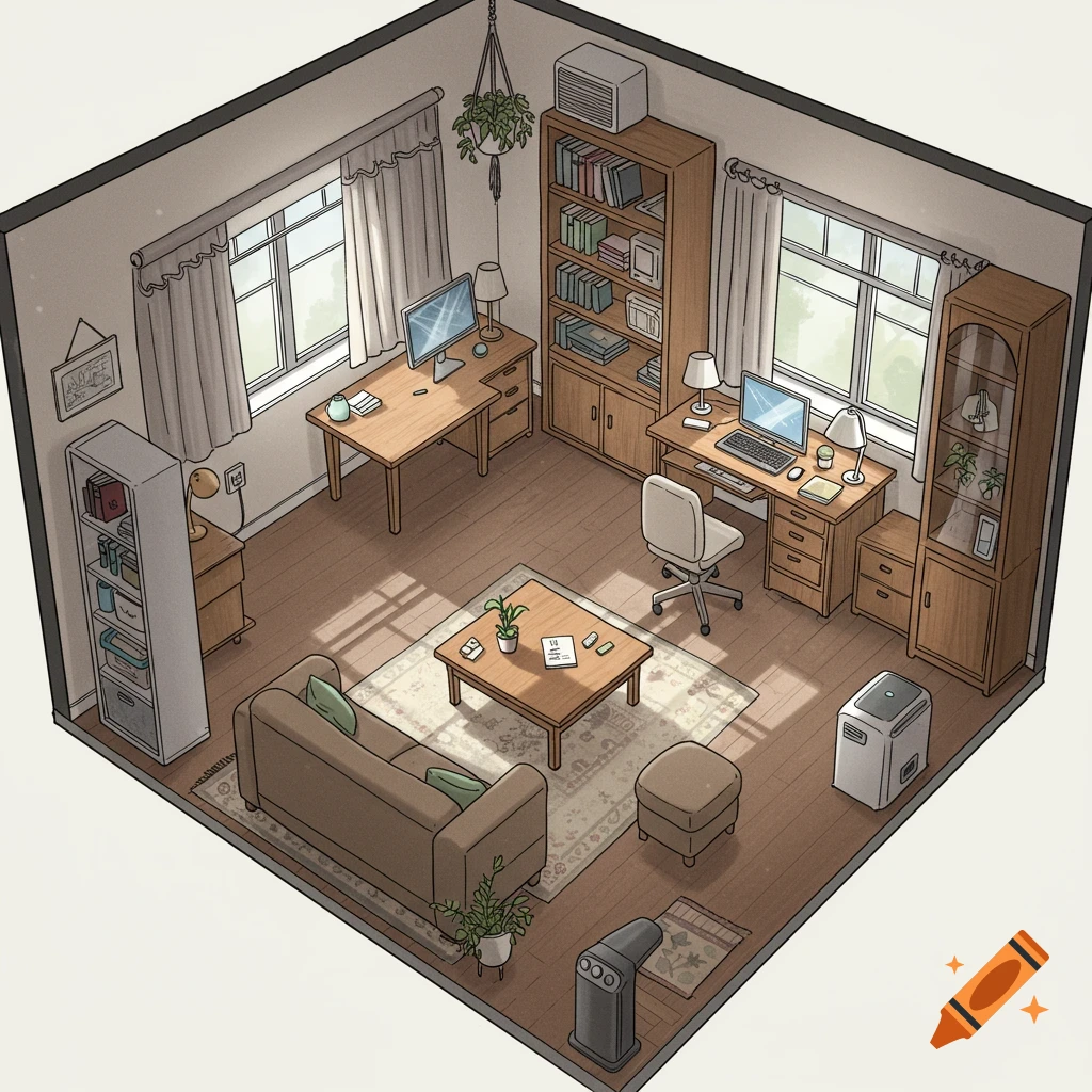 Isometric sketch of a home office room with desks, bookshelves, and a sofa.