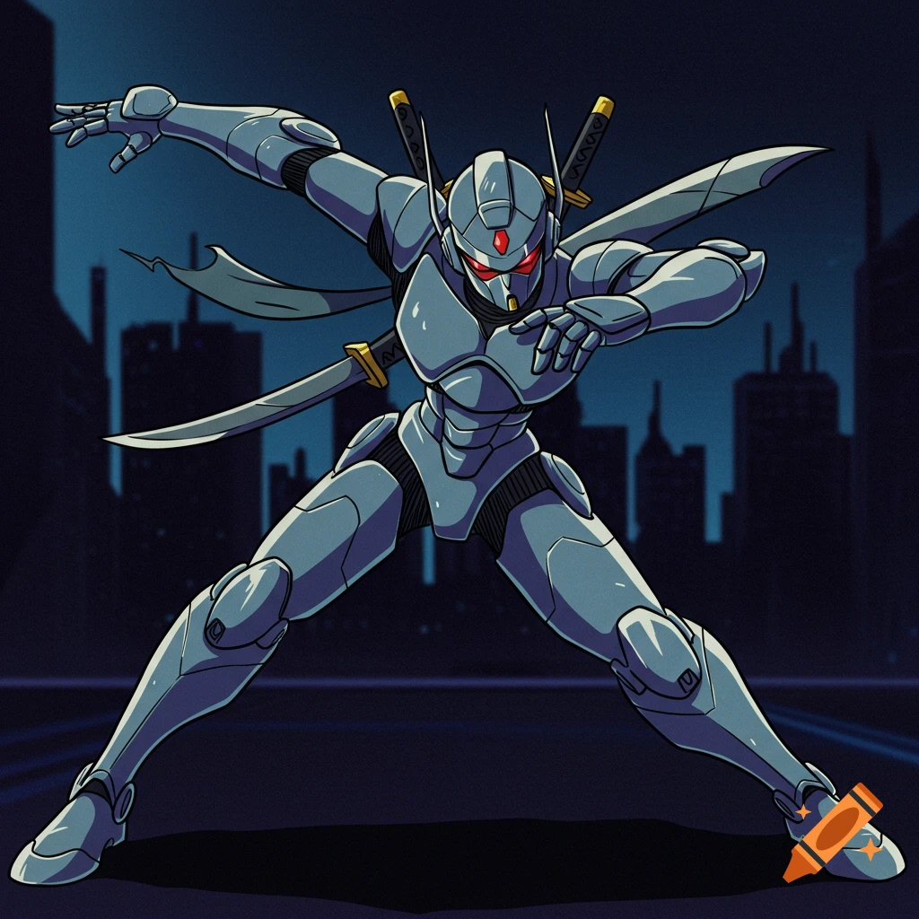 A retro anime illustration of a metallic ninja robot in a dynamic pose against a dark cityscape.