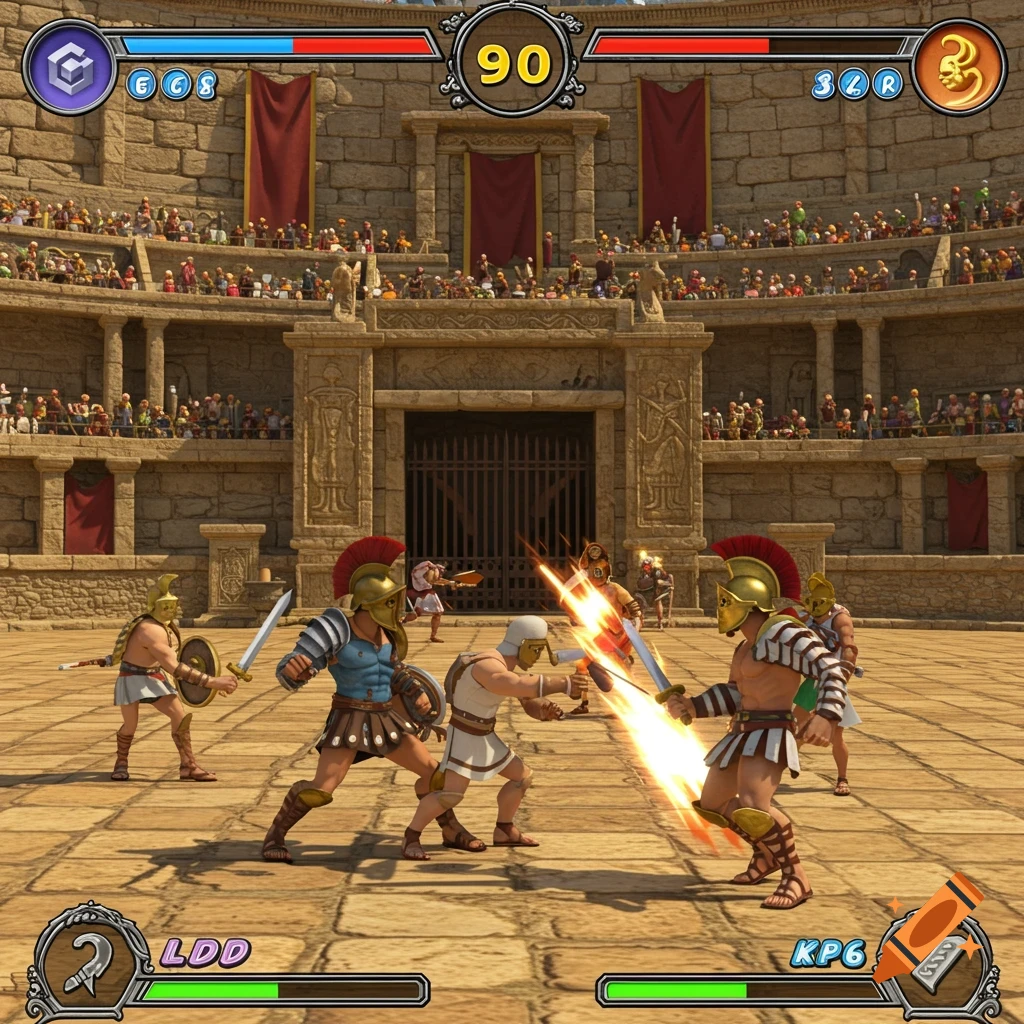 Screenshot of a 3D fighting video game with gladiators battling in a Roman colosseum arena and UI elements.
