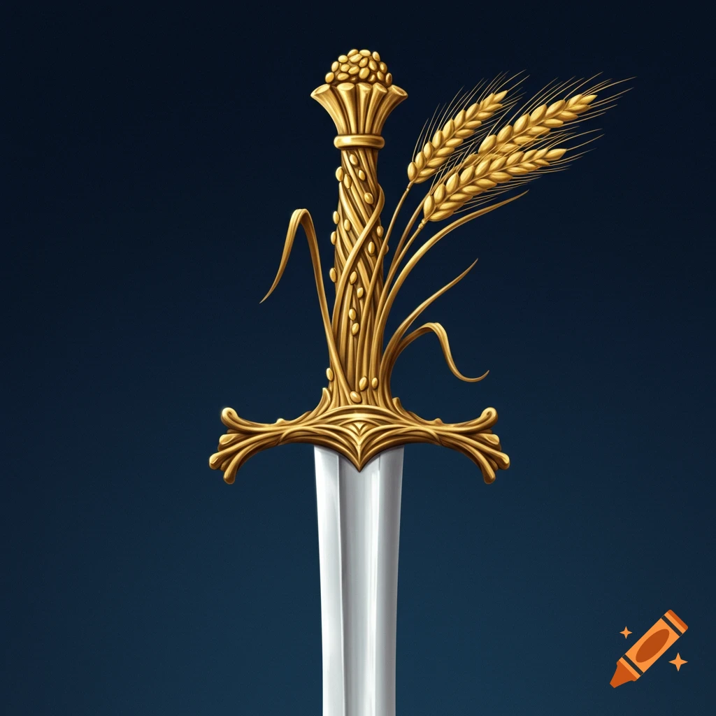 A silver sword with a golden hilt resembling a stalk of wheat against a dark background.