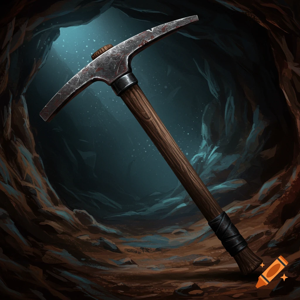 A steel pickaxe rests in a dark cave.