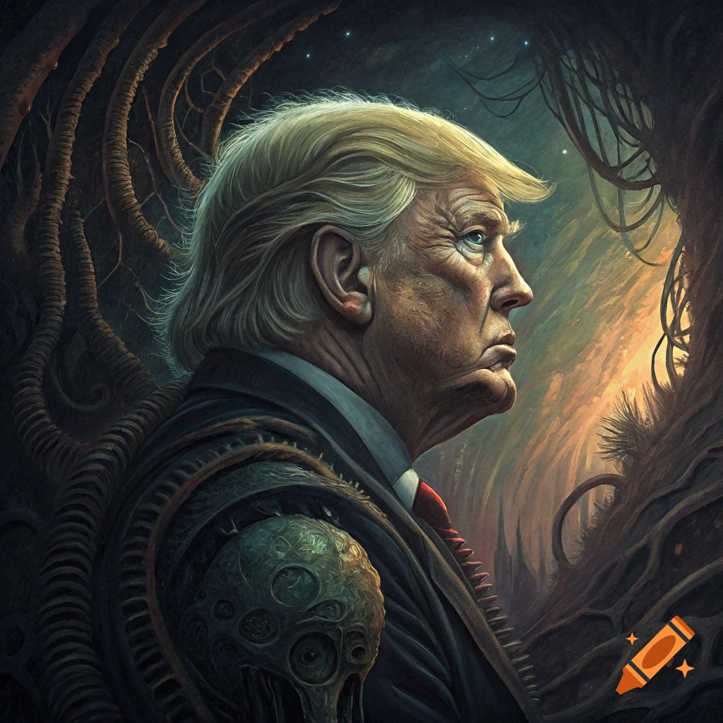 A portrait of a man in the style of H.R. Giger, featuring organic and biomechanical elements integrated into his suit and the background.
