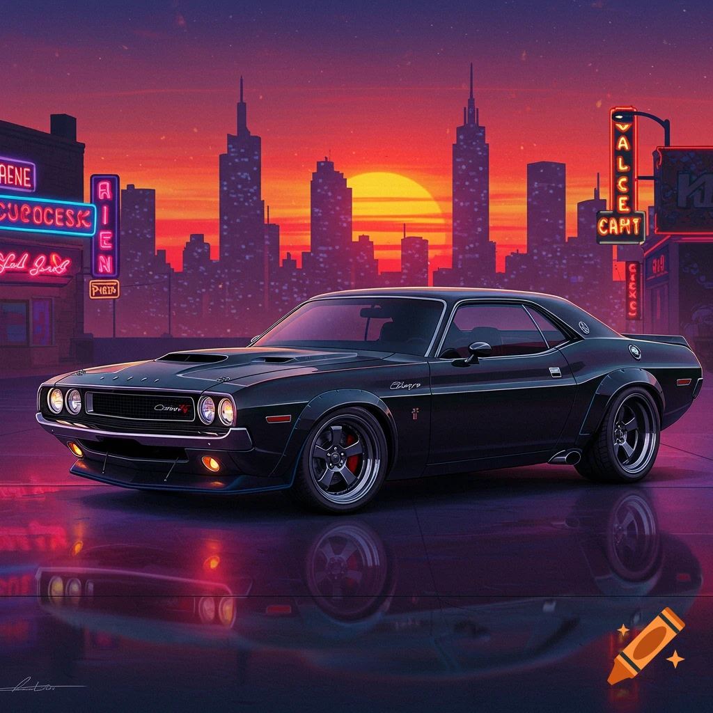 A black Dodge Challenger parked on a street at sunset with neon signs and a city skyline.