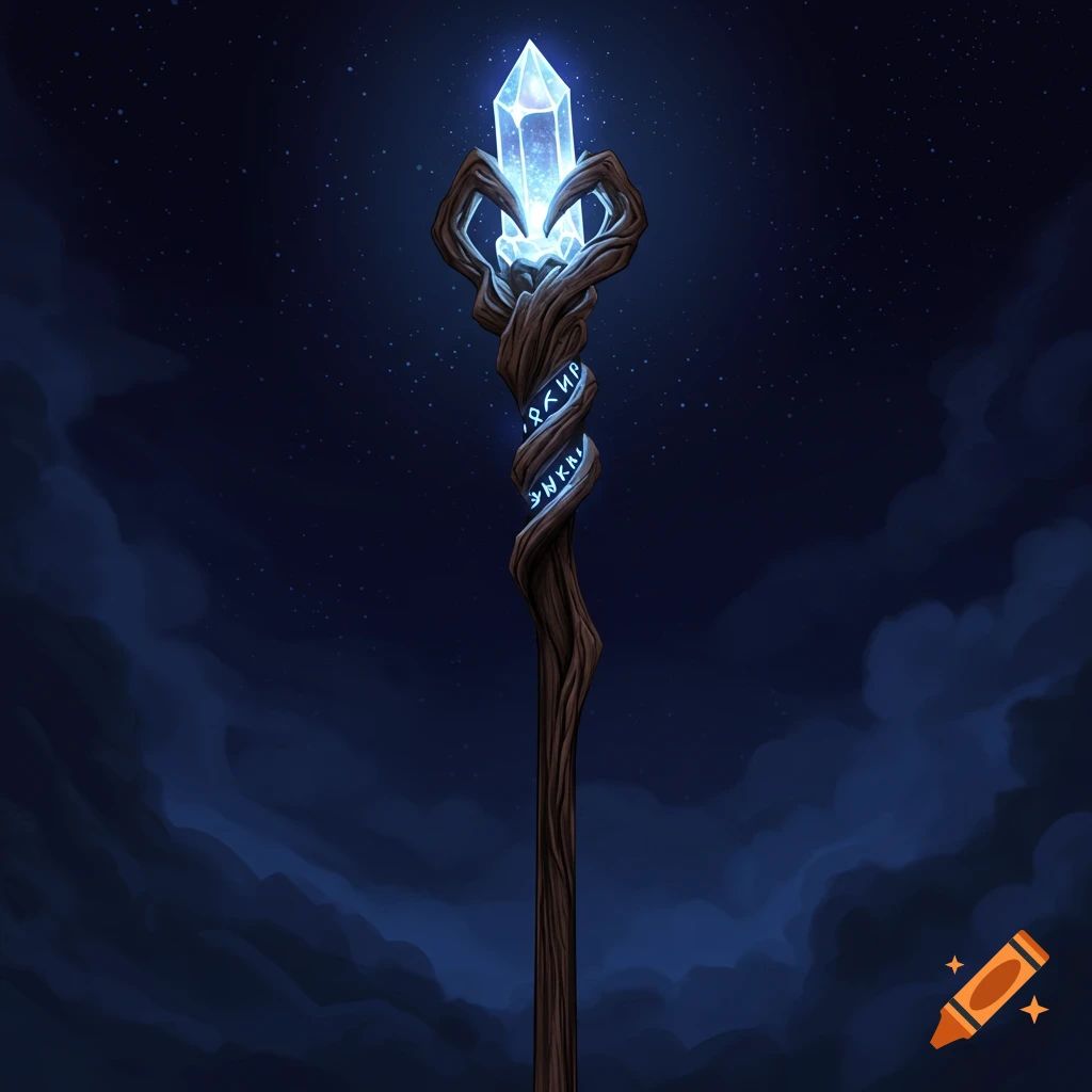 An illuminated wizard staff with a glowing crystal and runes against a dark night sky.