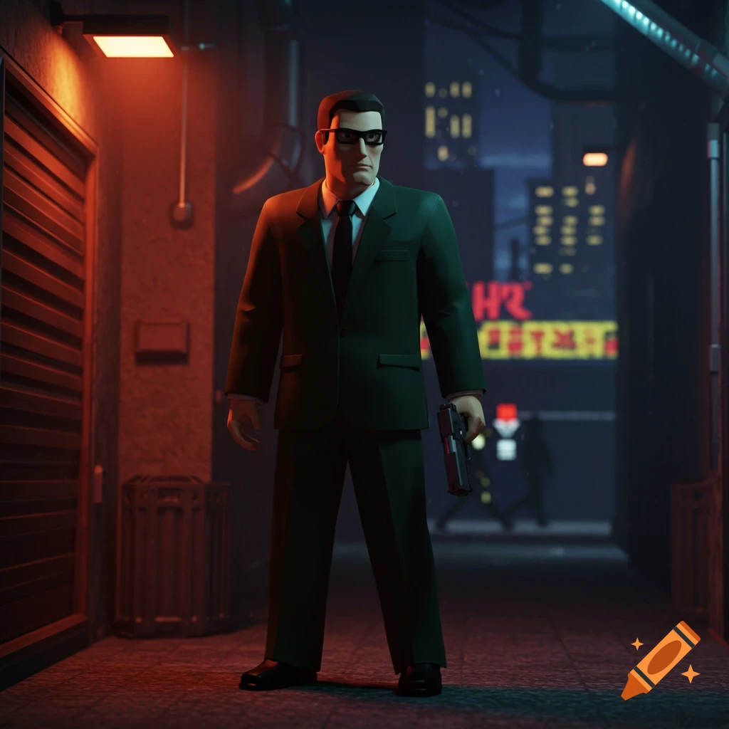 A man in a dark green suit and sunglasses holds a gun in a dimly lit alley, rendered in a low-poly PS1 graphics style.