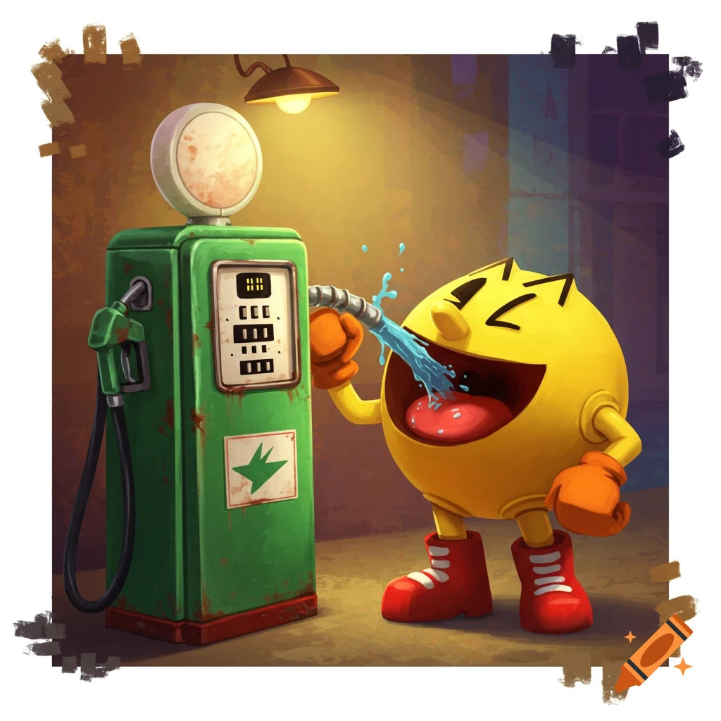 Pac-Man drinking liquid from a green gas pump