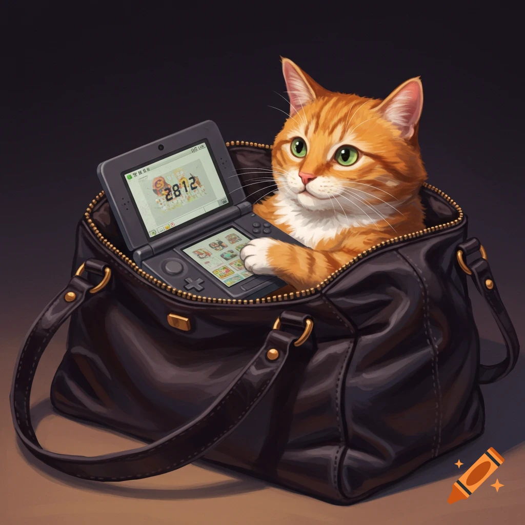 An orange cat in a black handbag playing a 3DS.