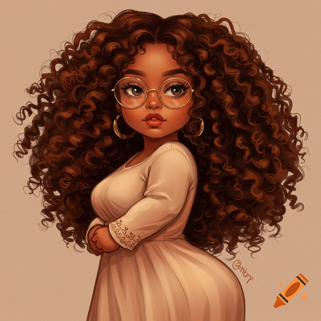 A girl with curly hair and glasses wearing a dress.