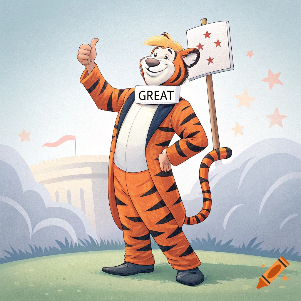 Cartoon tiger mascot in a suit gives a thumbs-up and wears a sign that says GREAT.