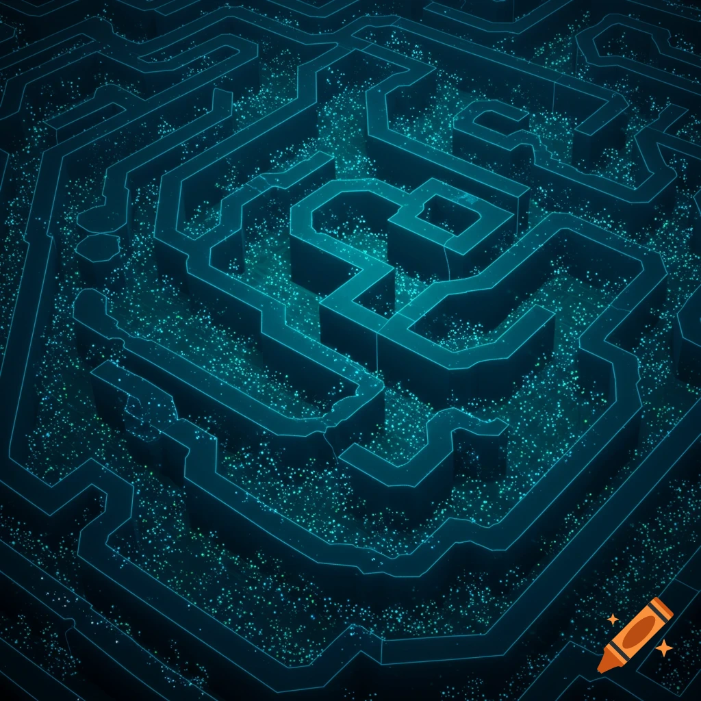 A futuristic maze outlined in glowing teal lines with sparkling particles in the paths.