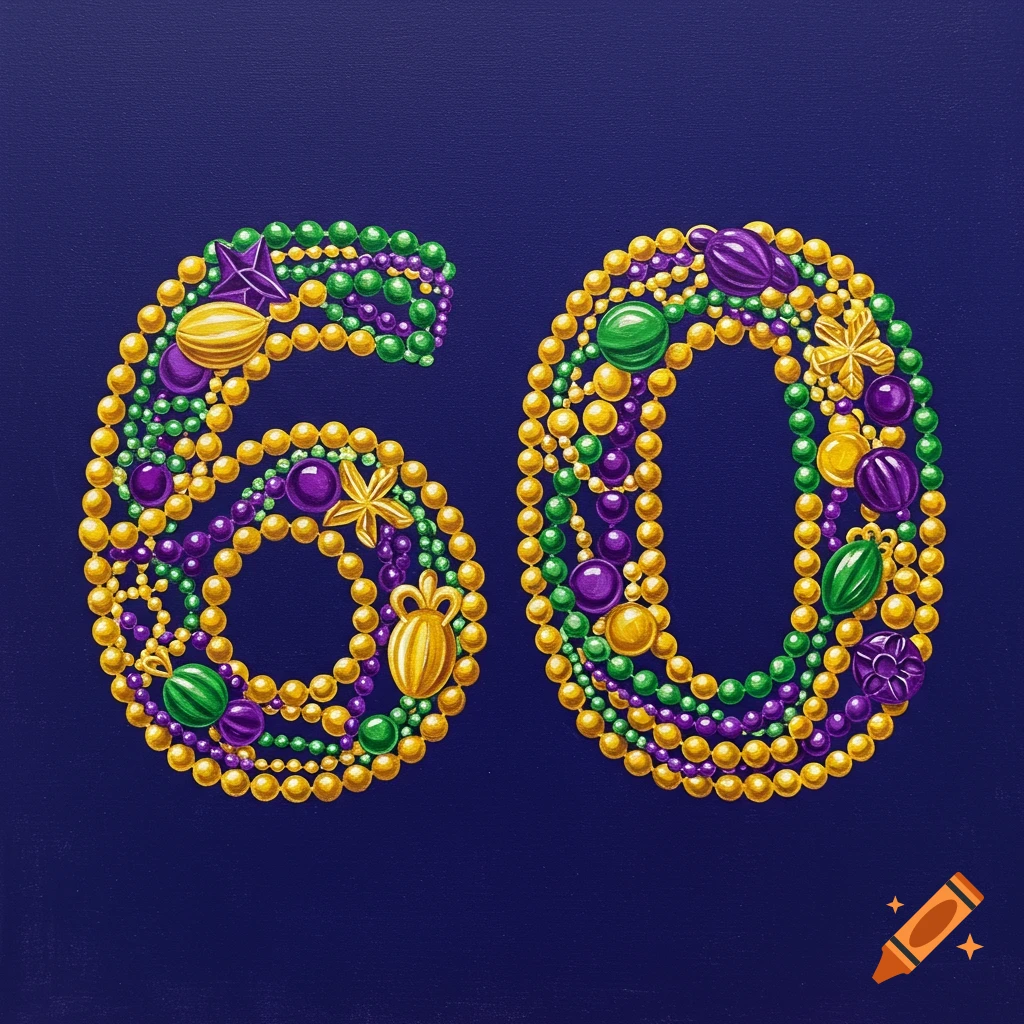 The number 60 crafted from colorful Mardi Gras beads