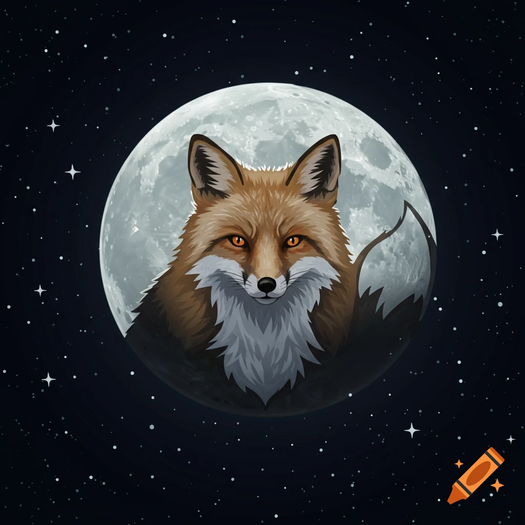 Cartoon fox head and tail overlayed on a full moon in a starry night sky.