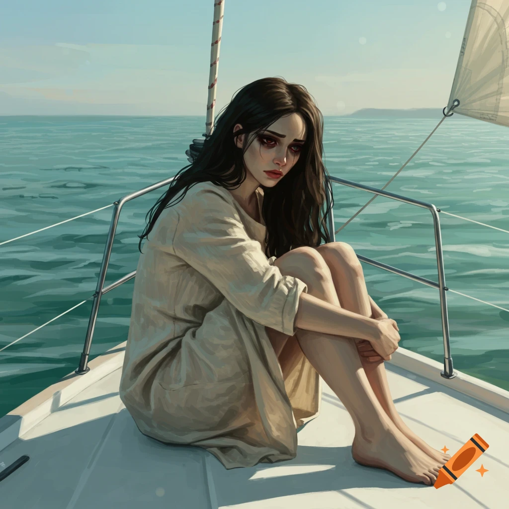 A dark-haired sad woman sitting on a white sailboat.