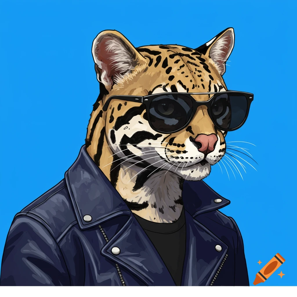 An ocelot wearing sunglasses and a navy leather jacket against a blue background.