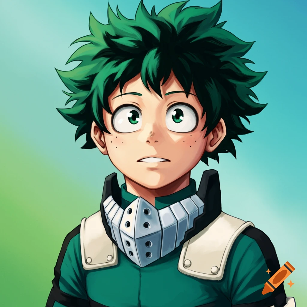 A close-up digital portrait of the anime character Deku with spiky green hair and mask collar.