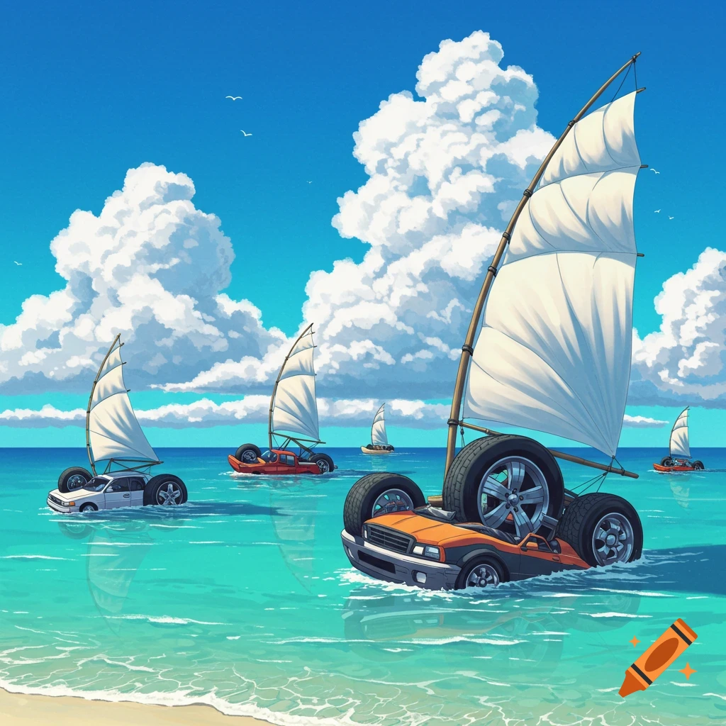 Cars modified into sailboats are racing on the ocean near a beach.