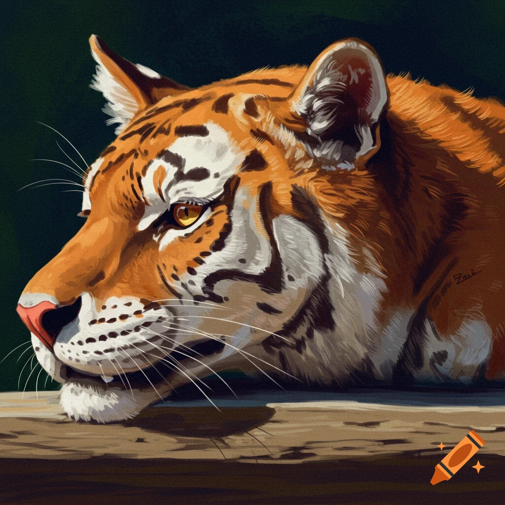 Close-up of a tiger's head resting on a log.