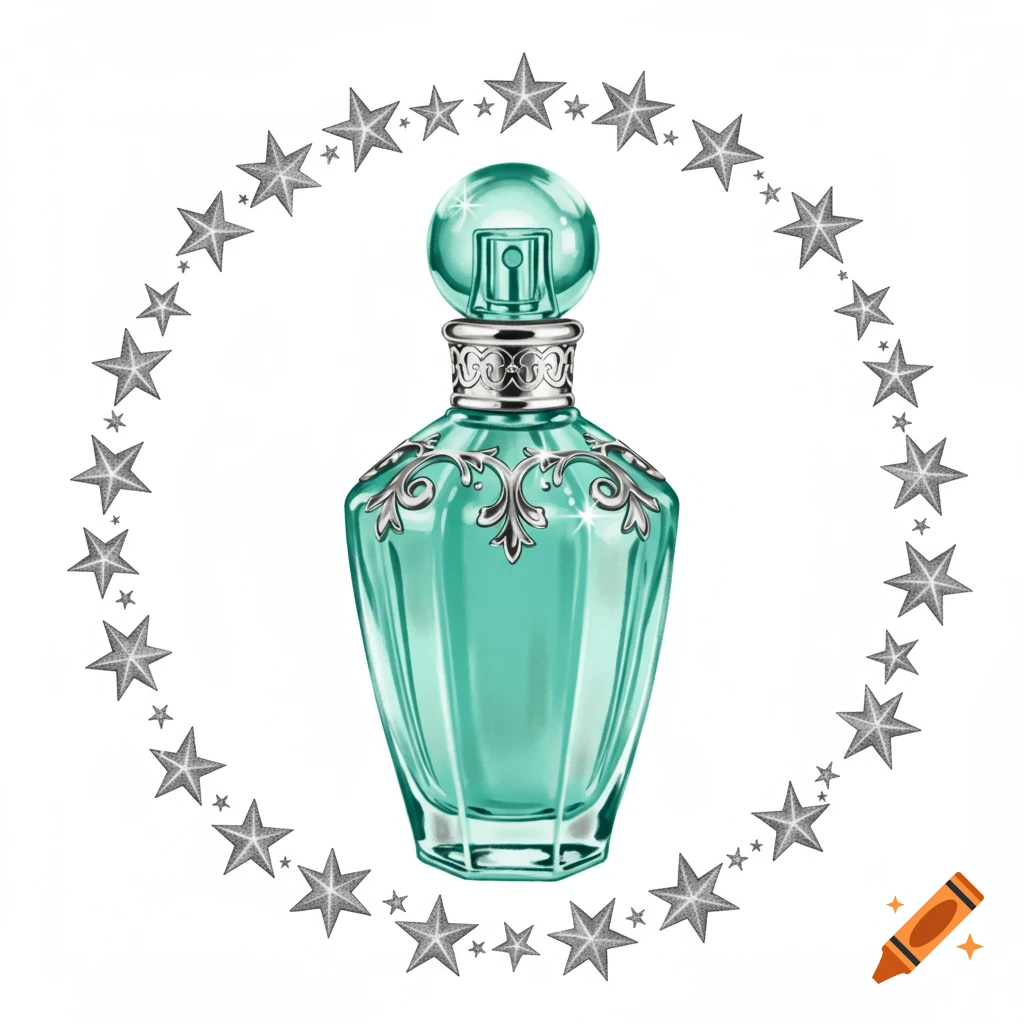 A teal perfume bottle with silver filigree design, surrounded by a ring of silver stars on a white background.