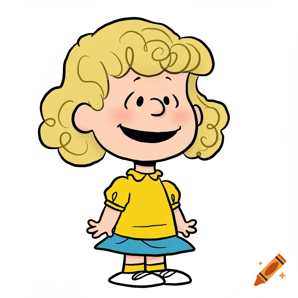 A cheerful cartoon girl with blonde hair in a yellow shirt and blue skirt, in the Peanuts style.
