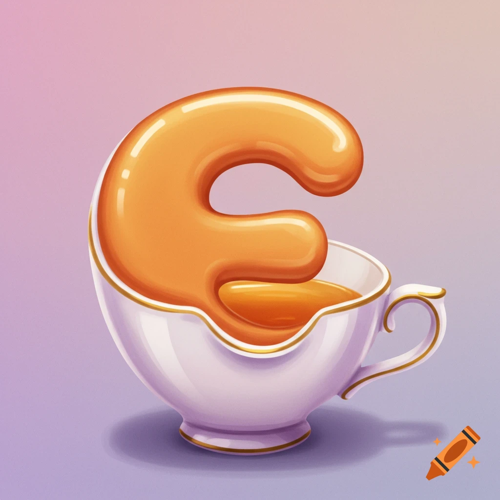The letter E is formed from orange liquid filling a teacup