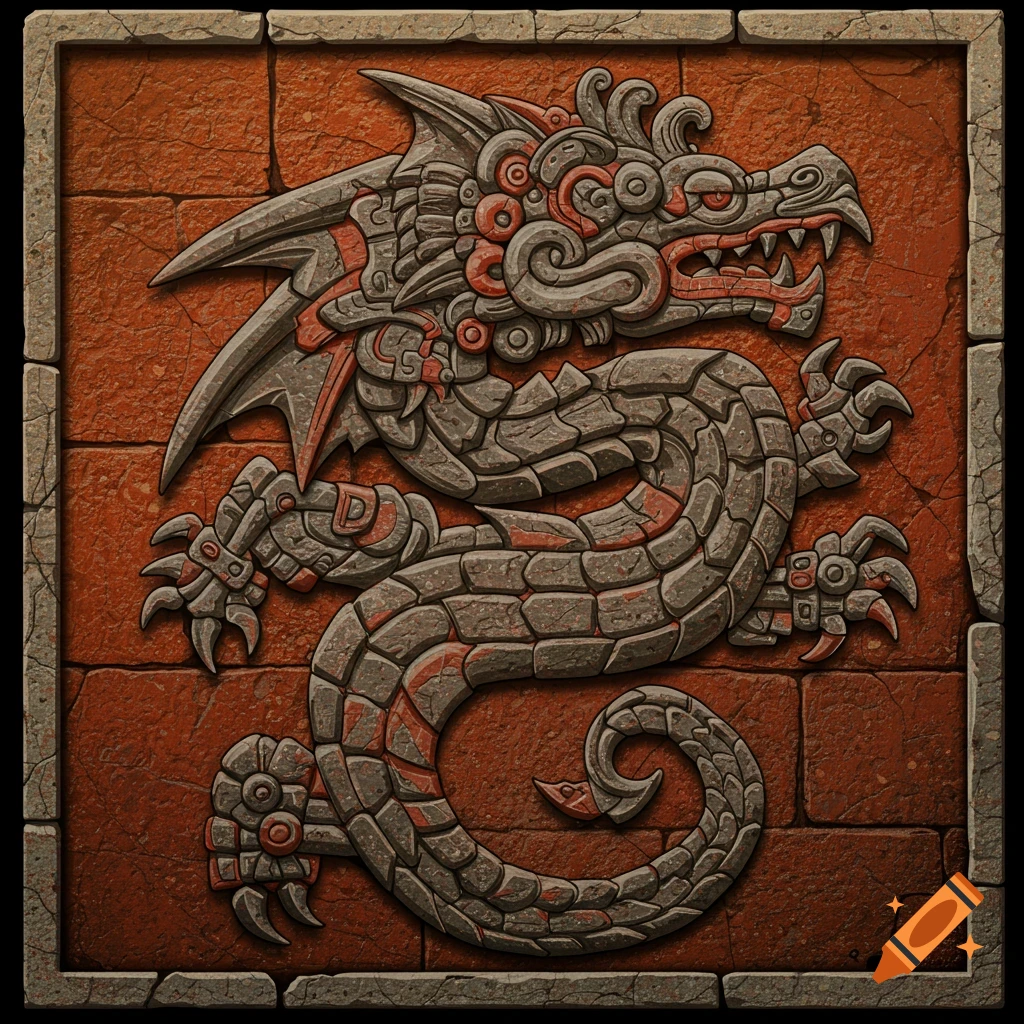 Stylized stone carving of a dragon on a red brick background, inspired by ancient Mesoamerican art.