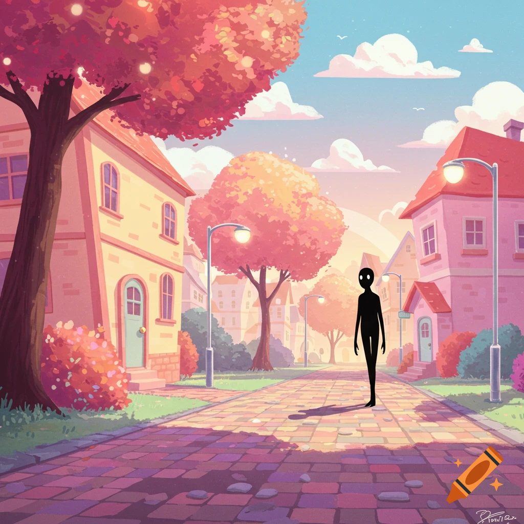 A stylized dreamcore neighborhood street at sunset with a tall black figure standing on a cobblestone path.