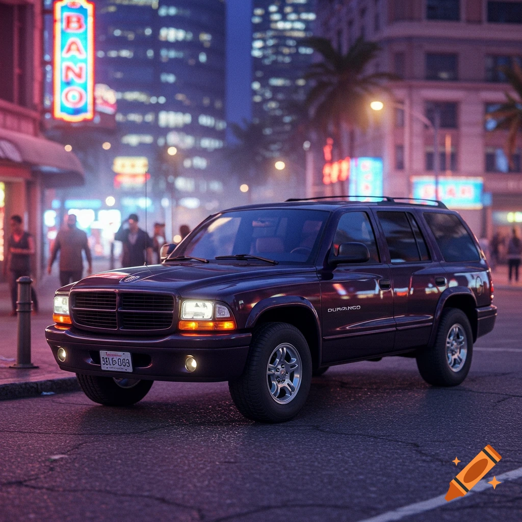 A dark purple Dodge Durango SUV parked on a city street at night.
