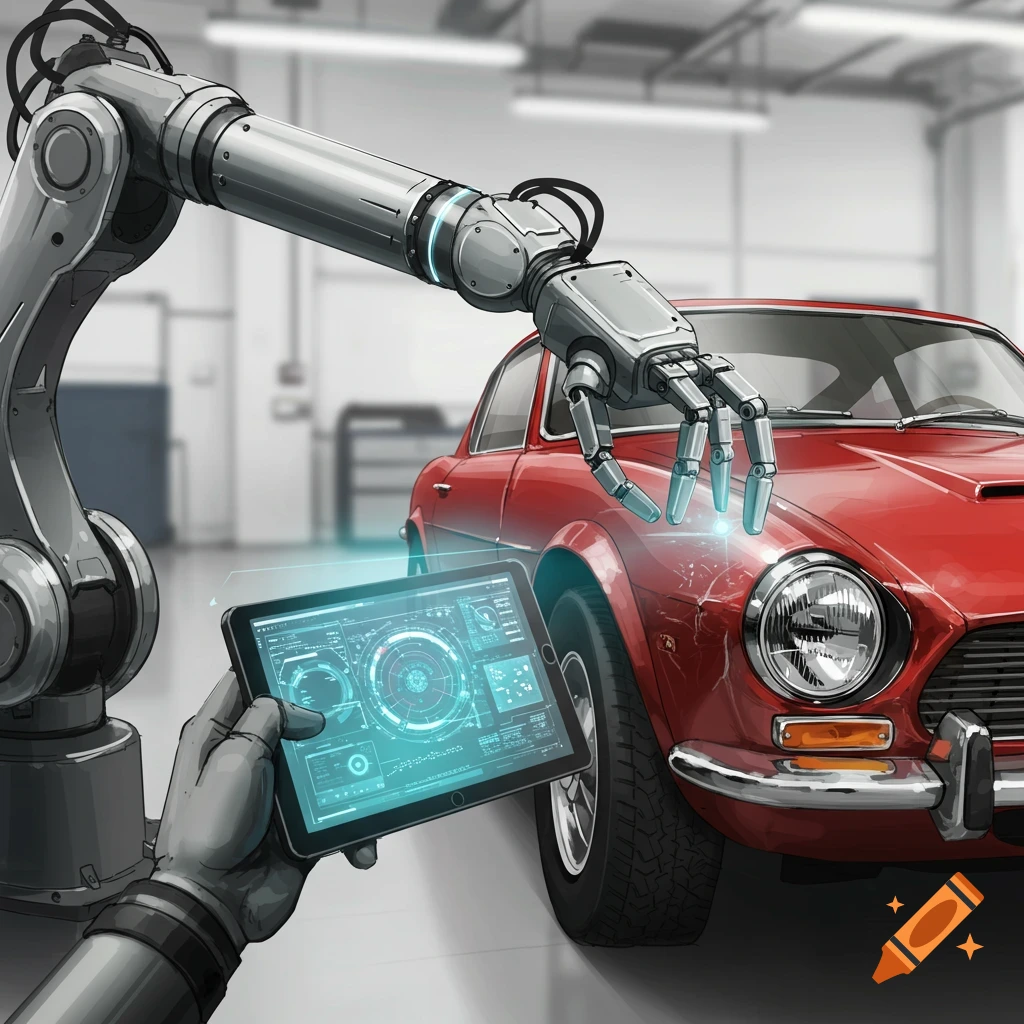 A robotic arm scanning a red car with a tablet in a garage.