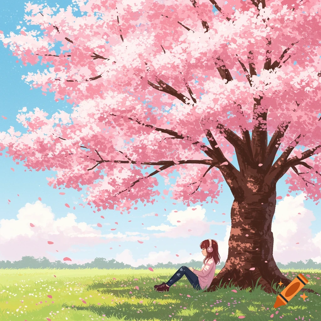 A girl with headphones sits under a large cherry blossom tree in a grassy field, rendered in an anime style.